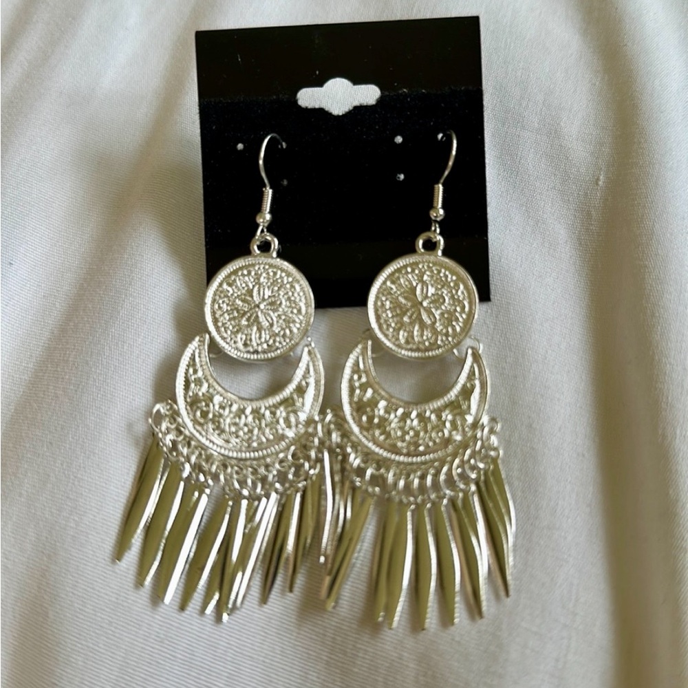Boho dangle silver tone earrings